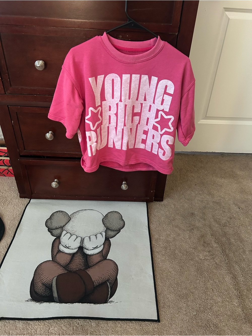 Pink "Young Rich Runners" Graphic Kids Crop Tee